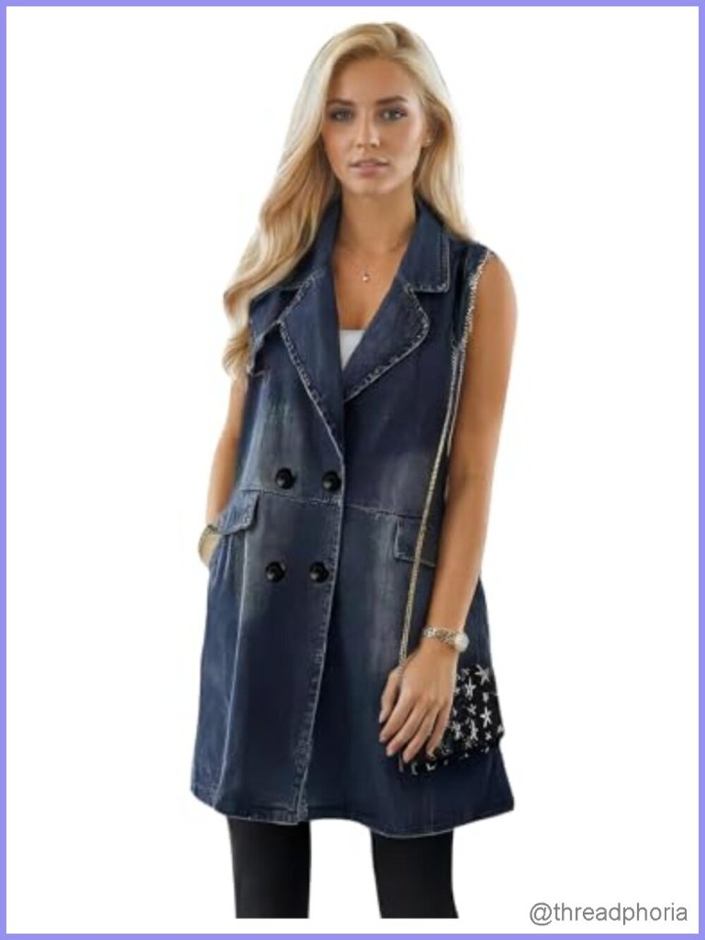 Sleeveless Long Denim Vest with Pockets Casual Distressed Lightweight Western